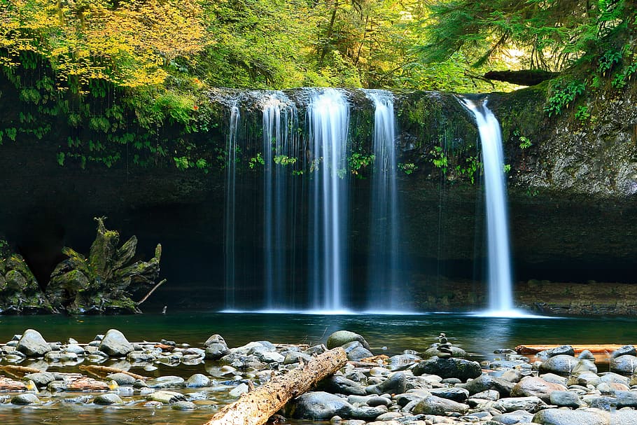 brown rocks near waterfalls during daytime, trees, forest, woods HD wallpaper