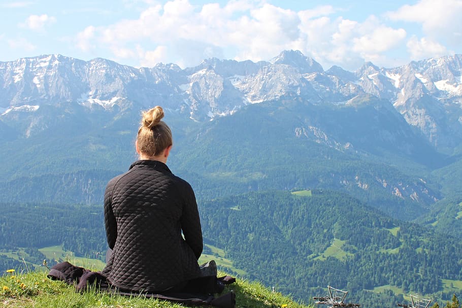 woman on mountain during daytime, meditation, absorbed, silent, HD wallpaper
