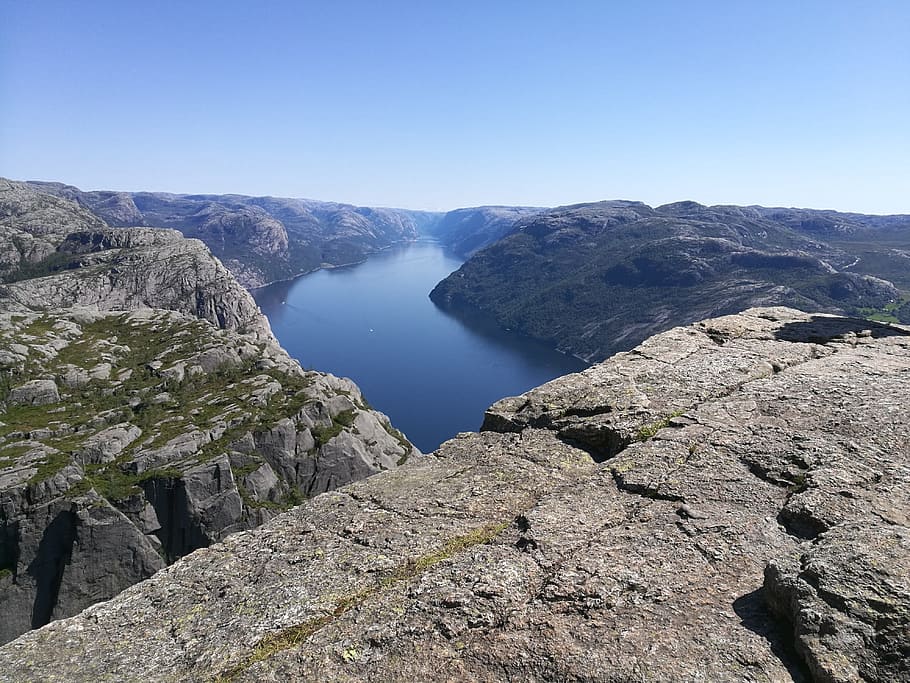 lake under blue sky, norway, fjord, preikestolen, hike, mountains