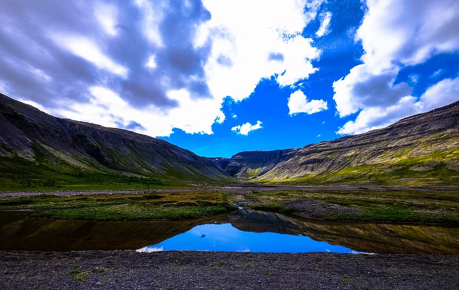 landscape, mountains, nature, sky, clouds, daylight, grass, lake HD wallpaper