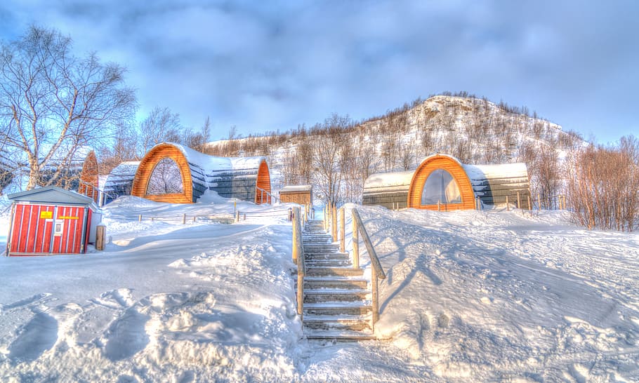 kirkenes, norway, architecture, path, mountains, landscape HD wallpaper