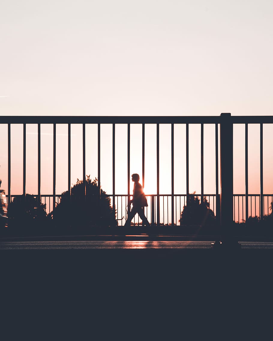 silhouette of person walking on roadside during sunset, silhouette photo of person walking beside fence HD wallpaper