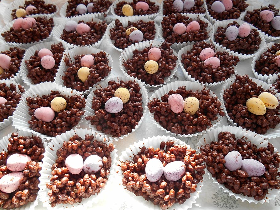 assorted candy lot, chocolate, nests, easter, eggs, cake, spring HD wallpaper