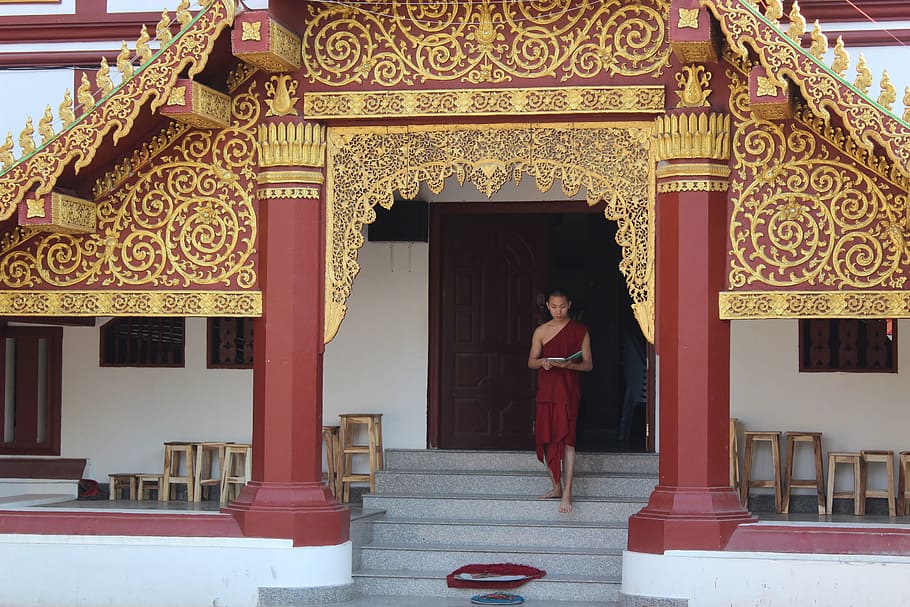 man wearing red traditional dress standing on stair, Thailand, HD wallpaper