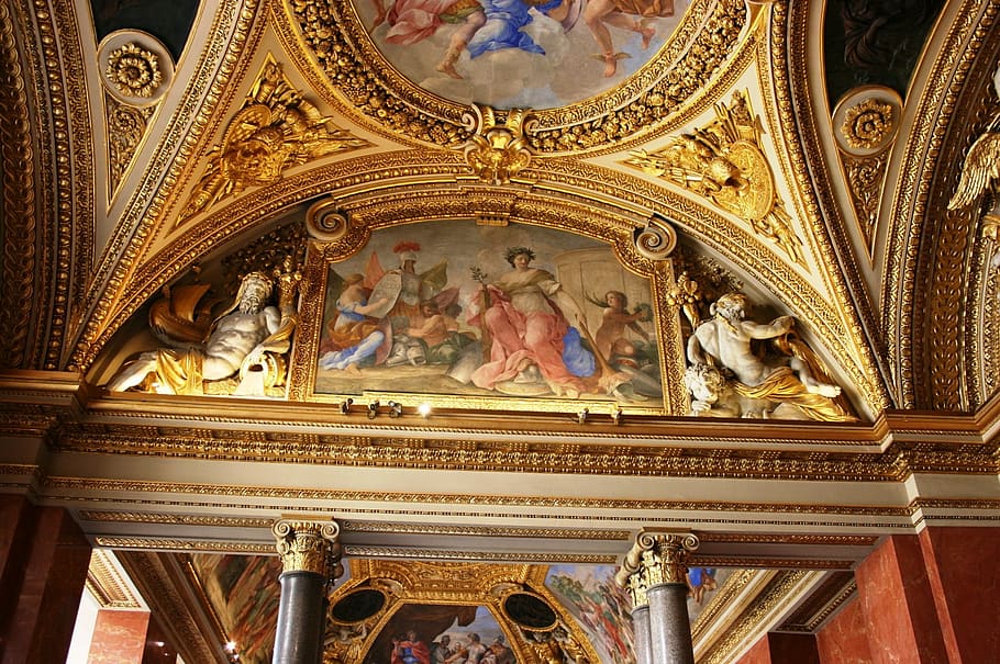 louvre, museum, decorated ceiling, gold, church, architecture HD wallpaper