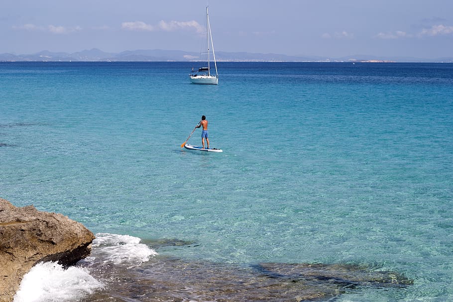 Formentera, Kayak, Island, Spain, summser, sea, horizon, day, HD wallpaper