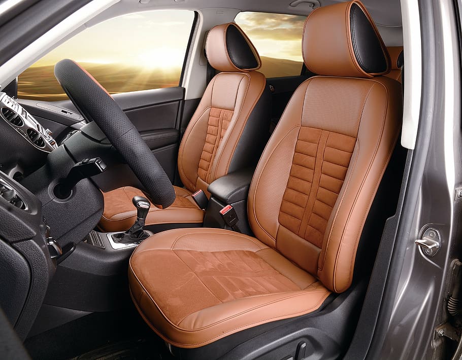 brown and black leather vehicle interior, seat cushion, auto accessories, HD wallpaper