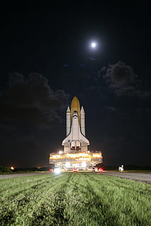 space shuttle on grass, rollout, moon, waning, stars, night HD wallpaper