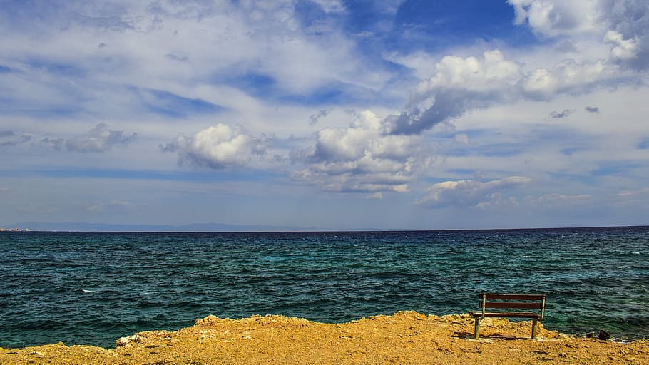 Sea, Horizon, Clouds, Bench, sky, view point, seascape, scenery HD wallpaper