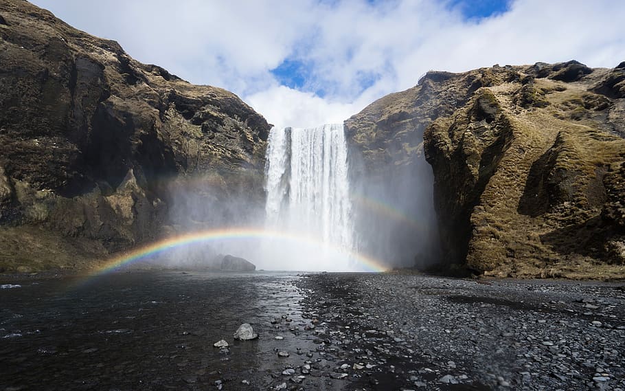 timelapsed photo of waterfall, waterfalls photography, rainbow HD wallpaper
