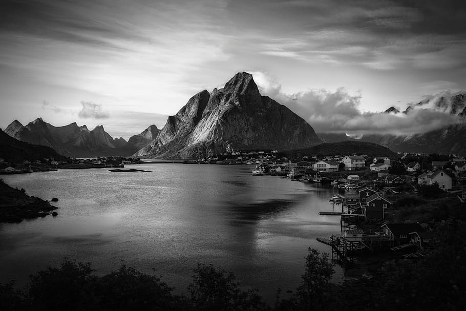 Reine, aerial view of mountain, lake, black and white, monochrome landscape, HD wallpaper