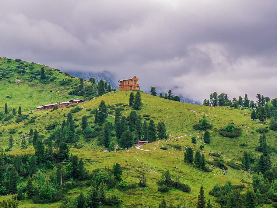 brown painted house on top of hill surrounded with trees under white cloudy skies at daytime HD wallpaper