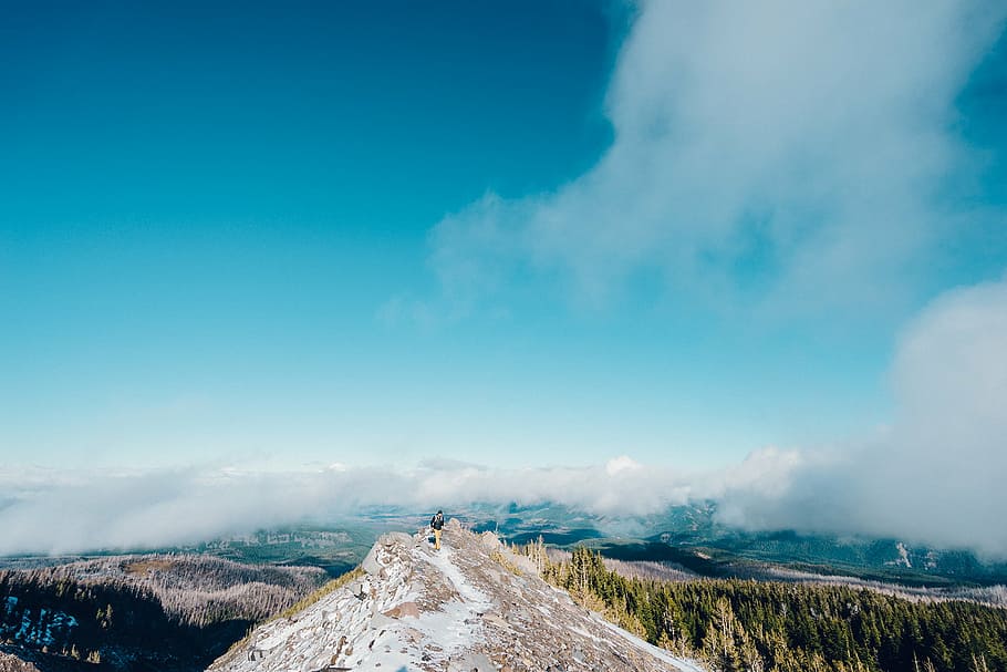 top view of mountain under blue skies, photo, person, peak HD wallpaper