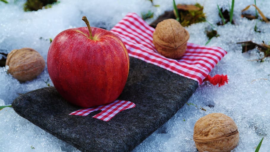 apple, nuts, deco, still life, snow, winter, ice, nature, healthy HD wallpaper
