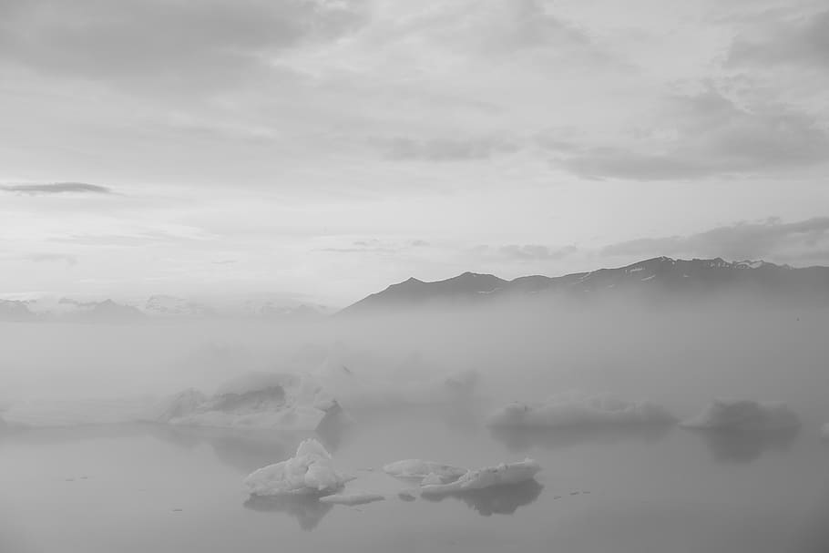 fog covered lake, floe, river, ice, winter, iceland, snow, white HD wallpaper