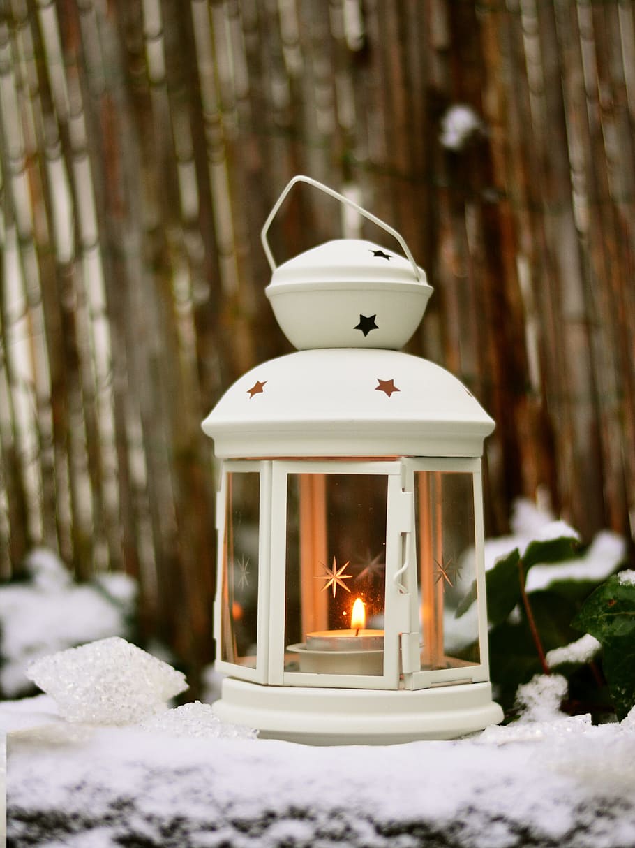 white metal framed candle lantern, light, snow, winter, christmas HD wallpaper