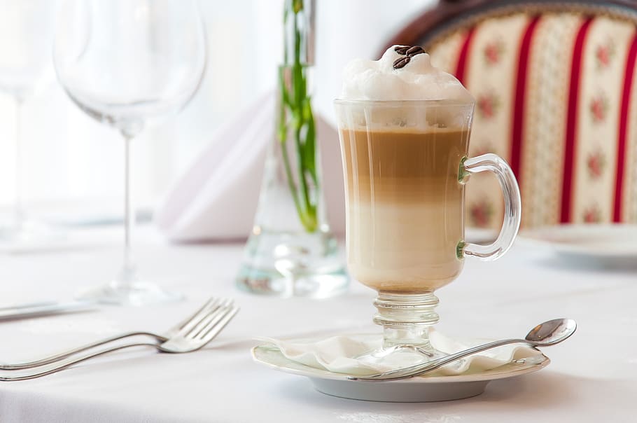 clear glass mug and silver spoon, coffee, latte, macchiato, restaurant, HD wallpaper