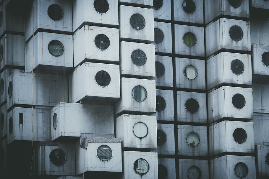 photo of stackable cube, photo of pile of air condensers, circle HD wallpaper