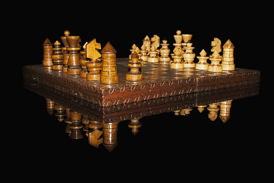 brown chessboard set, pawns, checkerboard, reflection, studio shot HD wallpaper