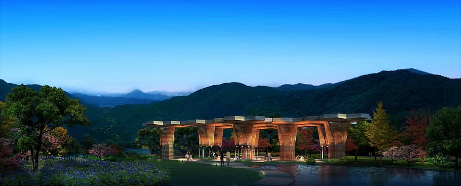 brown and gray building near body of water, theme park, rendering HD wallpaper