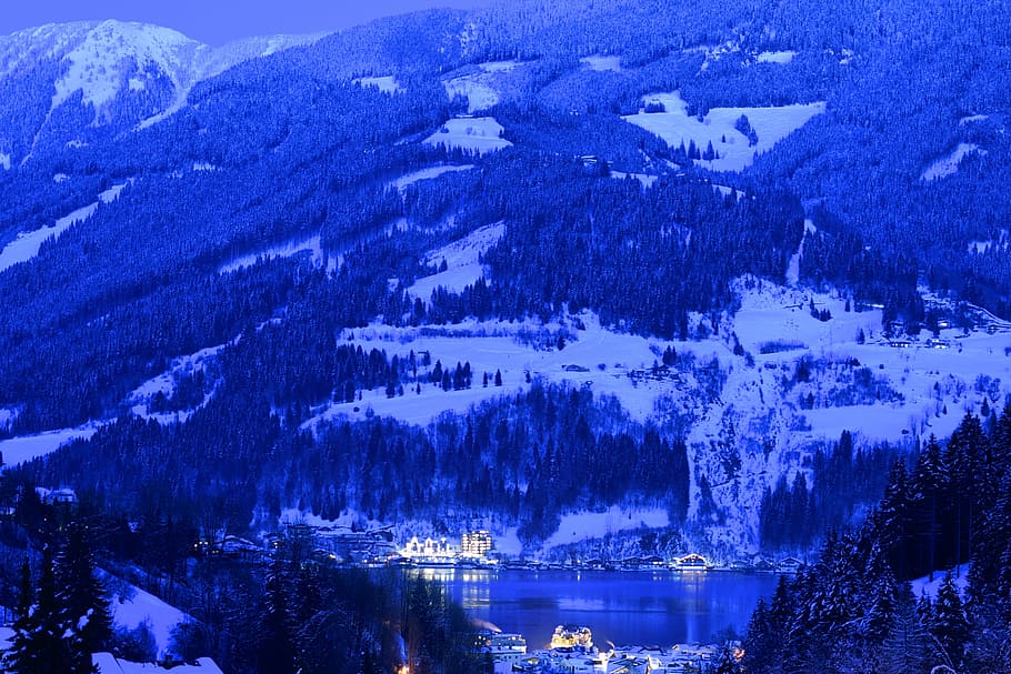 white snow-covered mountain, mountain covered with snow, forest HD wallpaper