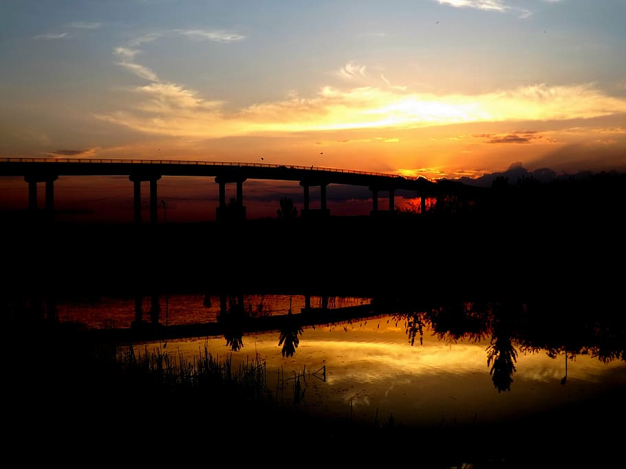 sunset, bridge, water, reflection, red, in the evening, sky HD wallpaper