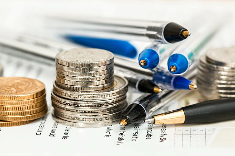 coins beside pens on paper, ball, point, white, document, money, HD wallpaper