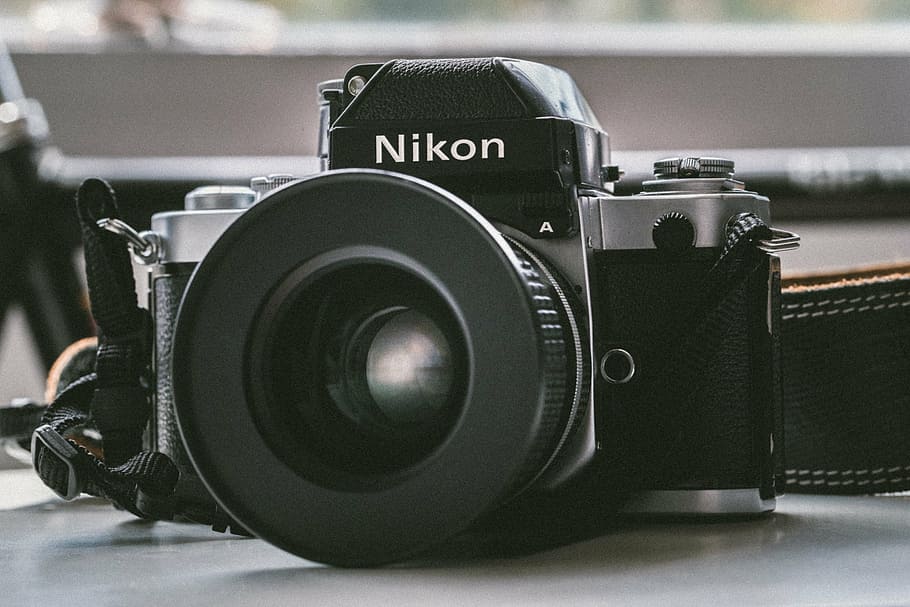black Nikon MILC on white panel, vintage, camera, photography, HD wallpaper