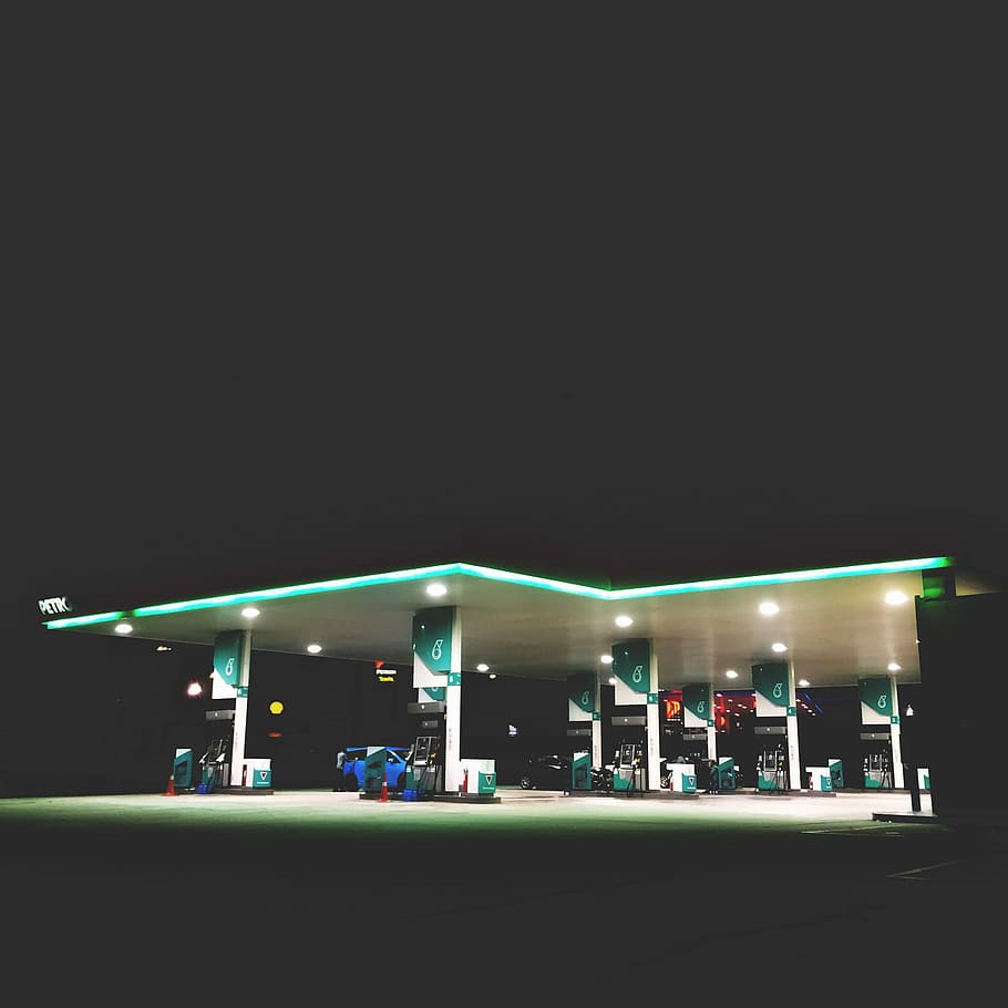 gas station with light, blue and white gasoline station photo, HD wallpaper