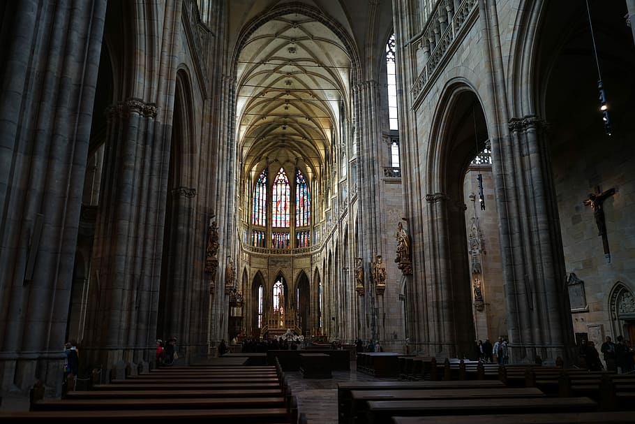 photo of gray concrete cathedral, church interior, ceiling, window HD wallpaper