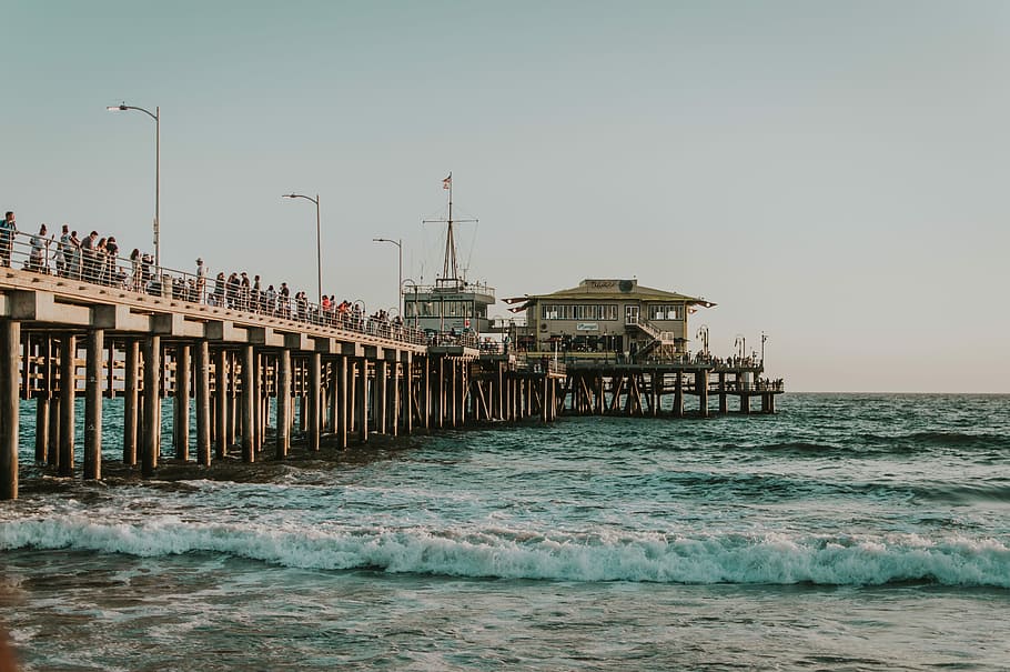 Santa Monica in August., people on white dock at daytime, water HD wallpaper