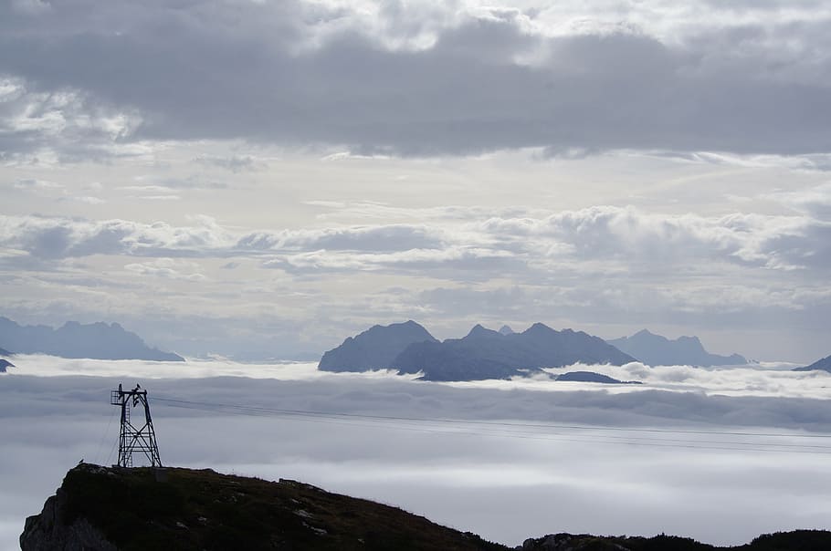 mountain cover with clouds, cable car, summit, above the clouds HD wallpaper