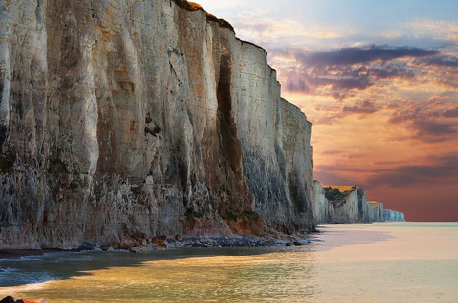cliff, nature, landscape, sea, water, sky, rock, rock formation HD wallpaper