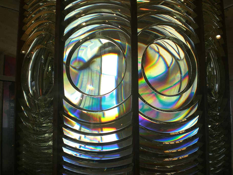 fresnel lens, lighthouse, nautical, multi colored, indoors, HD wallpaper