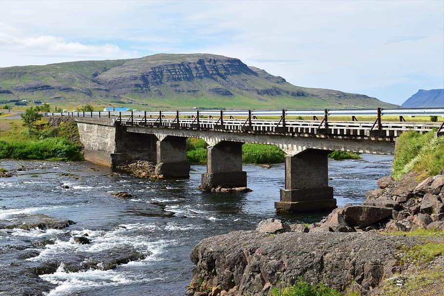 bridge, waterfall, single lane, sky, mountain, stream, river HD wallpaper