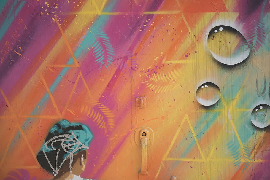 purple, yellow, and teal pattern wooden door, droplet, water HD wallpaper