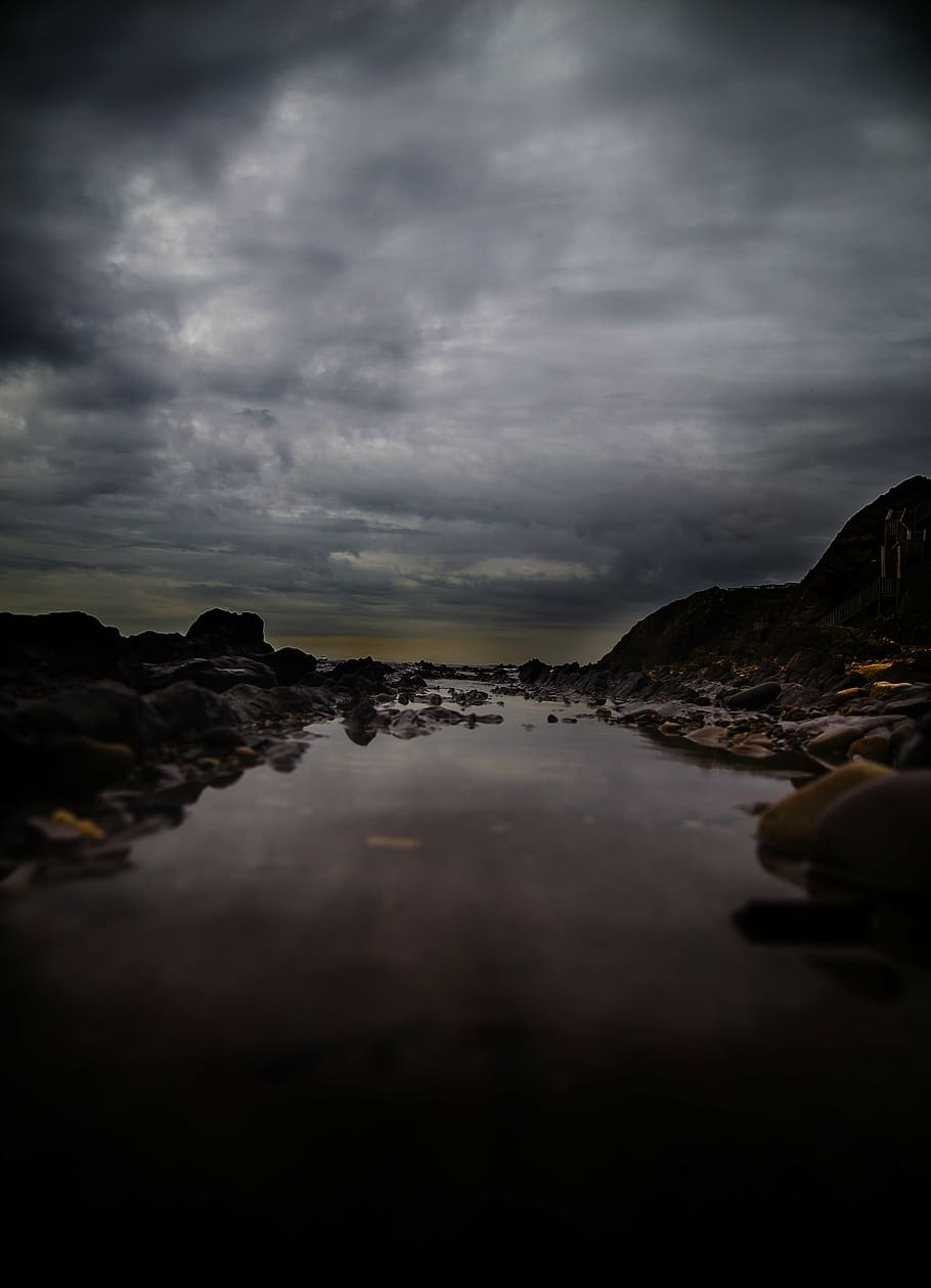 clouds, cloudy, dark clouds, lake, night, overcast, reflection HD wallpaper