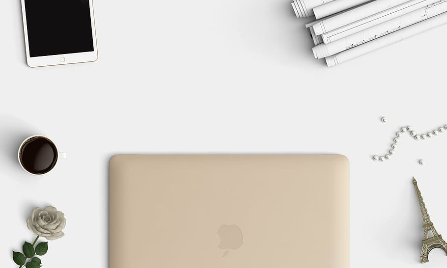 gold Macbook on white textile, technology, desk top, top view HD wallpaper