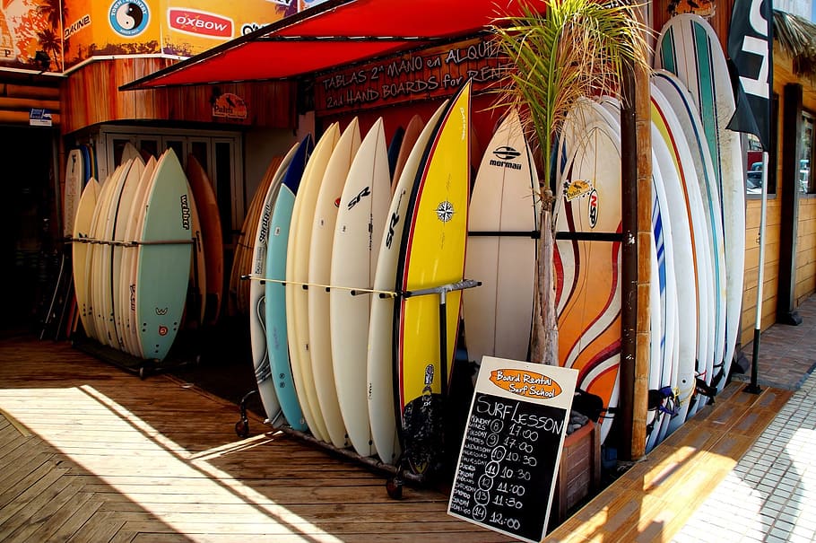 surfboards on racks, sea, sport, tenerife, barrel, no people, HD wallpaper