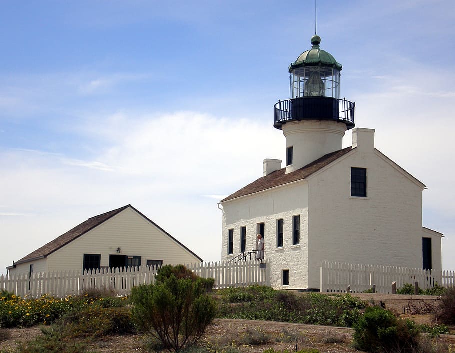 lighthouse, sky, clouds, skies, blue, white, architecture, building exterior HD wallpaper