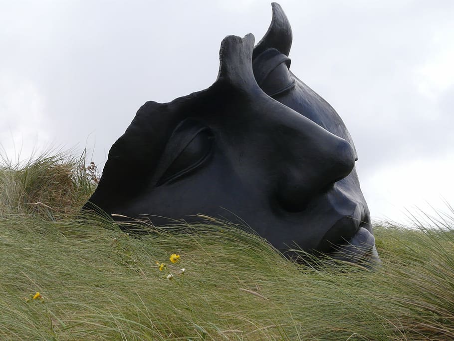 black ceramic face statue, model, steel, nature, art, thoughtful HD wallpaper