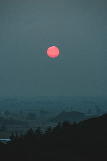 blood moon, pink moon above misted field, sunset, sea, ocean HD wallpaper