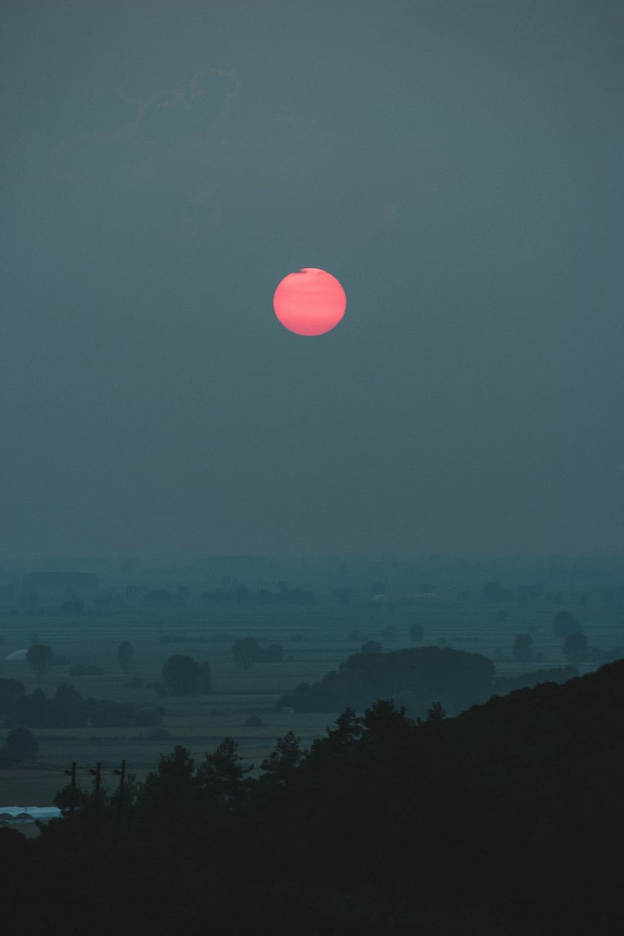 blood moon, pink moon above misted field, sunset, sea, ocean HD wallpaper