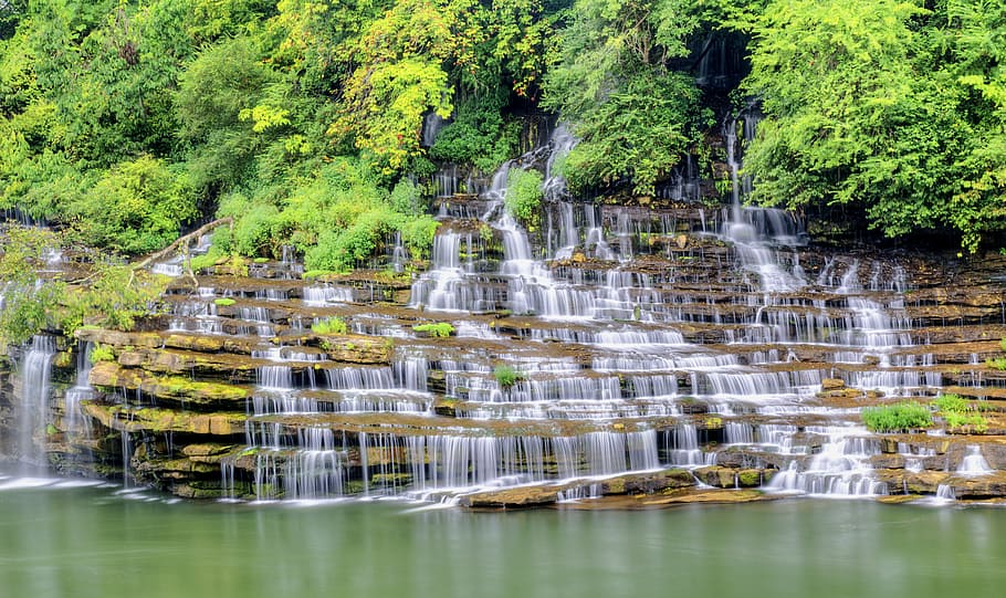 waterfalls and green leafed trees at daytime, twins falls, stone HD wallpaper