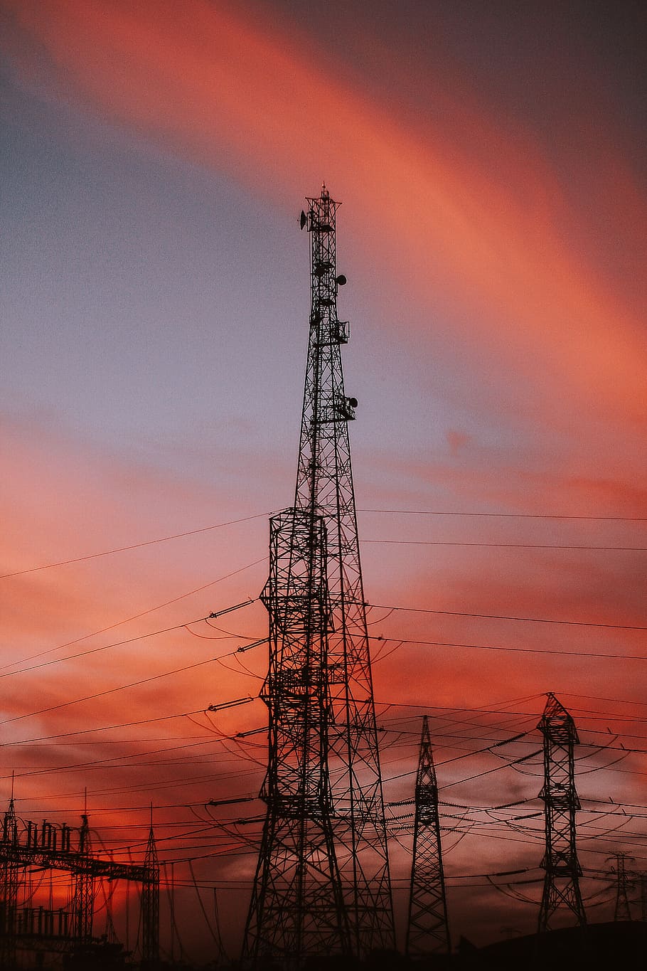 transmission tower, electric tower during sunset, sunrise, orange HD wallpaper