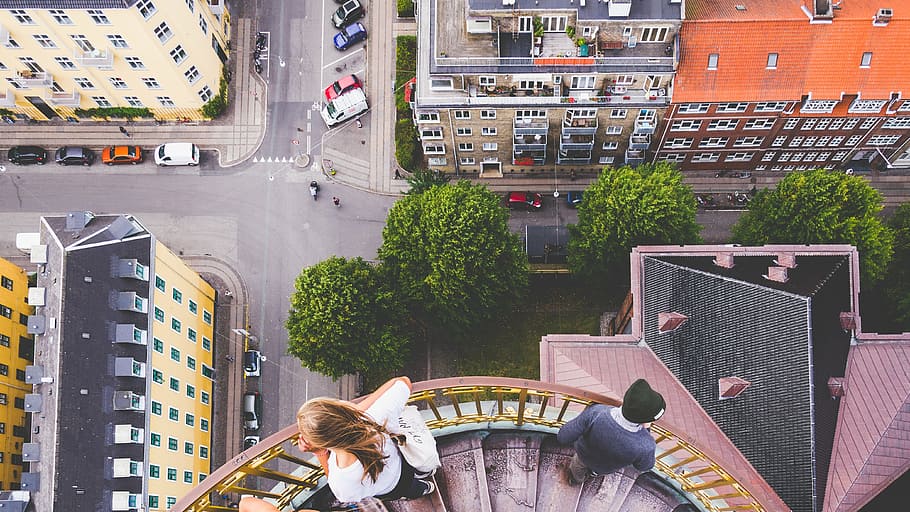 aerial photo of woman and man in stairs, building, structure HD wallpaper