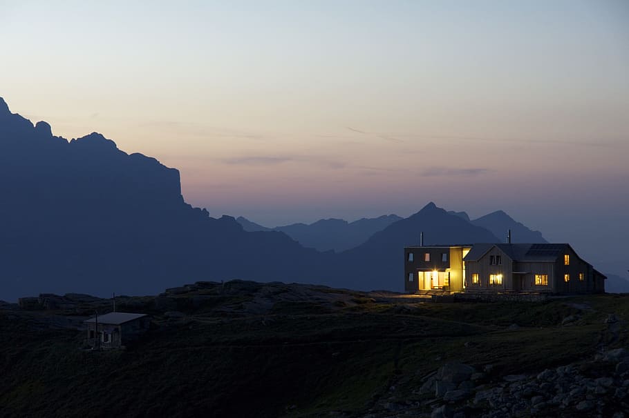 gray house near mountain, Mountains, Evening, Hut, lighting HD wallpaper