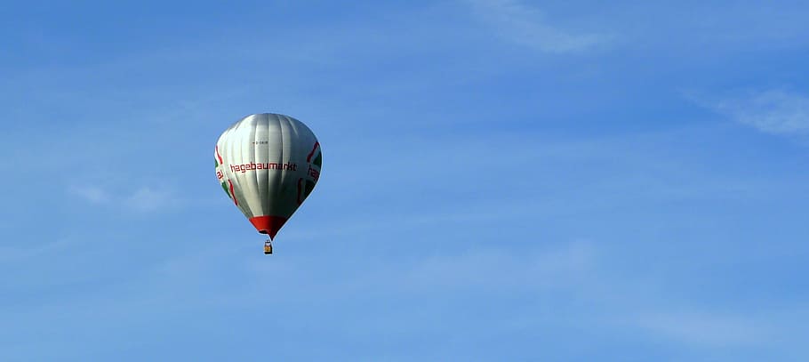 hot-air balloon, aerostat, hagebau, flying balloon, advertising hot air balloon, HD wallpaper