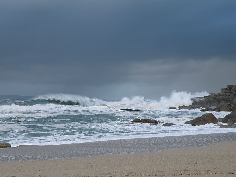 sea, costa, cloudy, storm, beach, waves, shore, land, motion HD wallpaper
