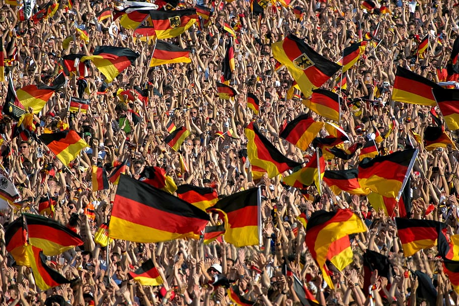 crowd holding Germany flags, football, nationalism, world championship, HD wallpaper